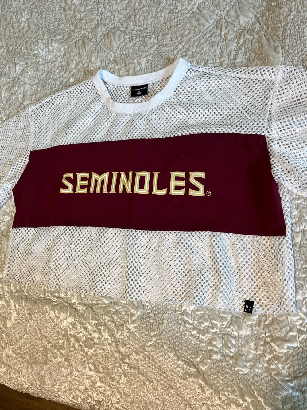 Hype and Vice Maroon and White Mesh Crop Top with Gold Lettering. Small